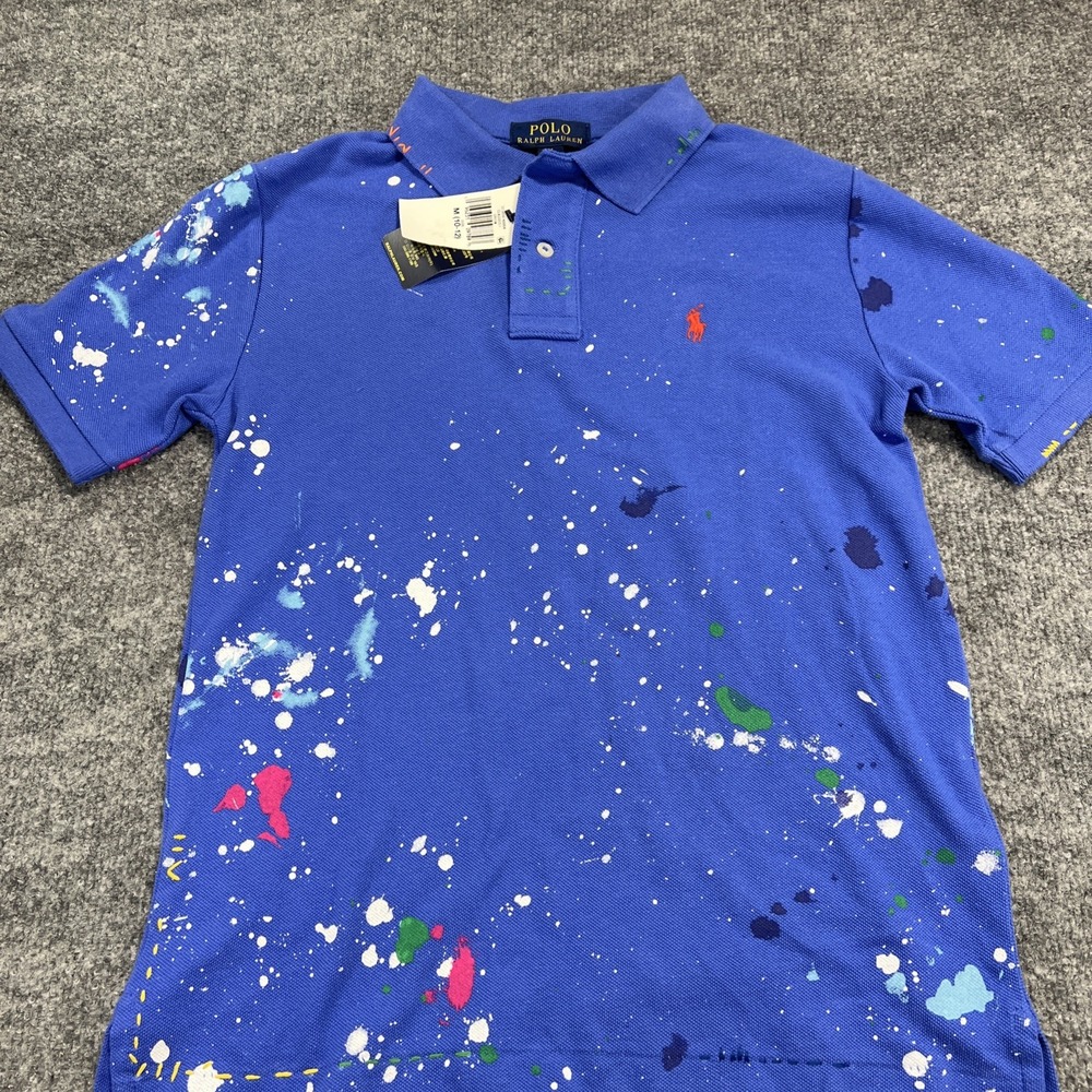 NWT Polo Ralph Lauren Boys M (10-12) Paint Splatter Mesh Knit Polo Shirt - Blue